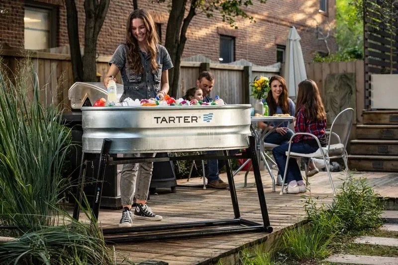 Tarters Large Water Trough Stand being used with ice trough at family gathering.